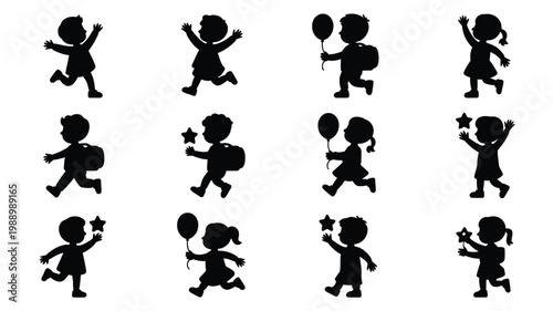 Playful silhouettes of children jumping dancing and holding toys in a minimalist vector style isolated on white background