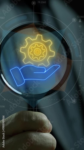 Concept for teamwork, target, motivation, mission, achievement, growth and success business. Manifying glass focus on animation of neon line human hand holding cogwheels icon.