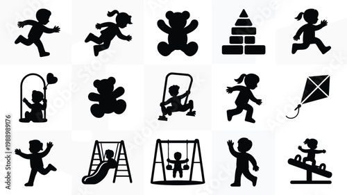 Silhouettes of children playing with toys kites swings and slides in a minimalist black and white vector illustration style
