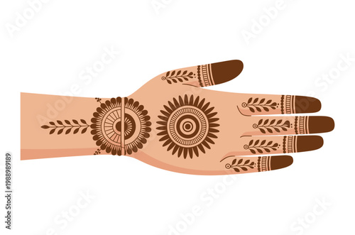 Intricate Mehendi Art on Hand with Floral Design. Intricate Henna Design on Hand with Floral Motif. Beautiful Hand with Henna Tattoo Art and Nature Elements.