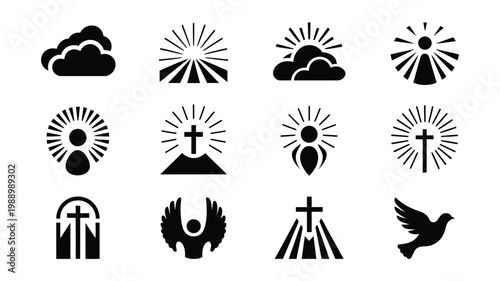 Minimalist black and white symbols of clouds sun rays cross and dove representing spiritual ascension and faith