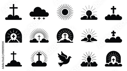 Black and white silhouette icons symbolizing ascension day featuring crosses clouds rays and dove in minimalist style
