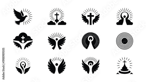 Minimalist black and white religious symbols featuring halos wings and crosses in vector style arranged in a modern grid layout
