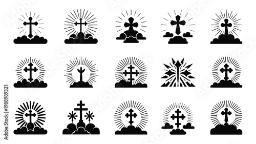 Minimalist religious cross icons with radiant halos and silhouette designs symbolizing ascension and spiritual elevation
