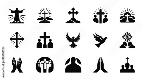 Silhouettes of religious symbols including crosses praying hands doves and figures in worship isolated on white background in minimalist vector style