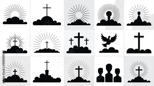 Minimalist flat design silhouettes of crosses hills and figures symbolizing ascension day with rays of light and a dove in a serene spiritual concept for religious themes