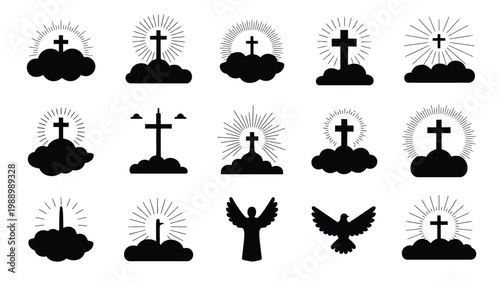 Black silhouettes of crosses angels and birds on clouds with radiant halos in flat design style symbolizing ascension day themes