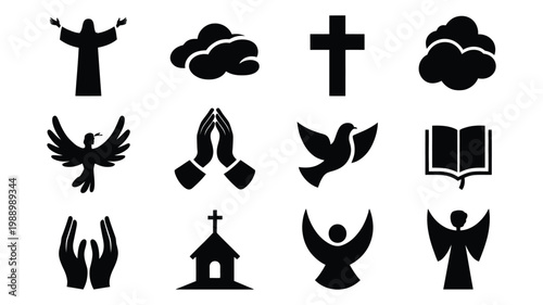 Black and white vector icons of religious symbols including cross dove praying hands church and angel arranged in a clean minimalist style