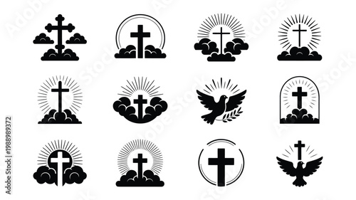 Vintage inspired religious symbols featuring crosses doves and clouds in bold black and white designs with intricate details