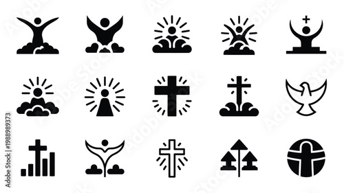 Clean vector illustration featuring 12 distinct minimalist religious symbols including crosses doves and people praying