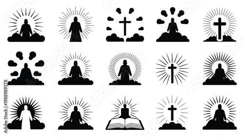Black and white minimalist icon set featuring spiritual symbols including meditating figures crosses and sunbursts for ascension themes