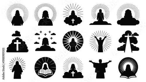 Silhouette icons depicting spiritual themes of ascension prayer and divine enlightenment with crosses halos and holy books in minimalist black and white design
