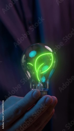 Ecological, ESG, renewable green energy and save the world sustainable. Sharing, reusing and environmental care. Businessman showing glowing light bulb with animation of leaf tree icon.