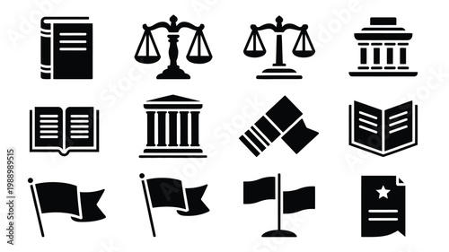 Black silhouettes of symbols including books scales flags and buildings representing justice law and government