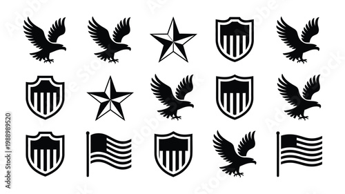 Bold vector illustration of patriotic symbols including eagles stars shields and flags on clean background
