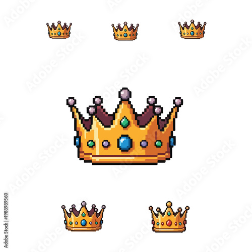 This collection features several pixel art illustrations of a golden crown adorned with colorful gemstones on a plain white background.