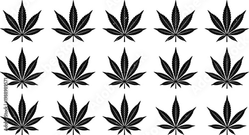 Cannabis Leaf Icon Set with Multiple Variations for Graphics, Digital Media, and Weed-related Designs