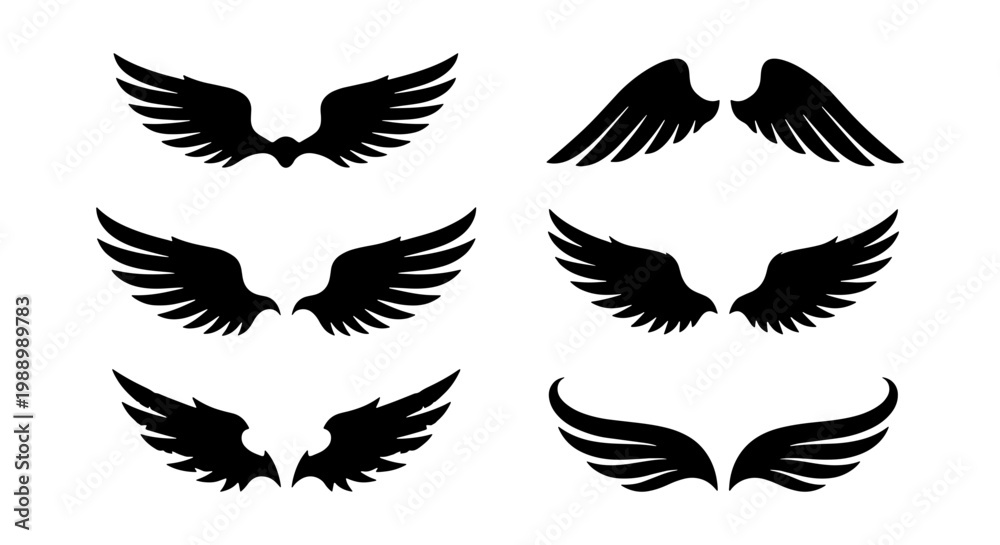 Fototapeta premium Black wing silhouettes, 6 eagle wing vector icons, heraldic bird wing logo set