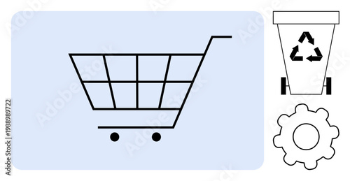 Sustainability, e-commerce, resource management, waste reduction, innovation, environmental care. Shopping cart, recycling bin and gear. Sustainability and e-commerce through distinct symbols