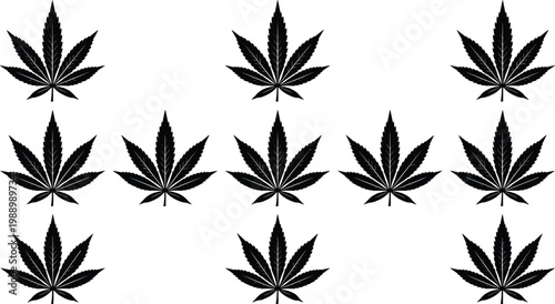 Cannabis Leaf Icon Set with Multiple Variations and Symmetrical Patterns for Weed, Nature, and Digital Media Designs