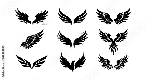 Heraldic eagle wings set, 9 black vector wing icons, tribal phoenix tattoo silhouettes