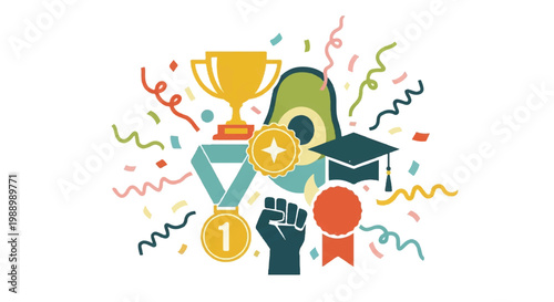 Achievement and success concept illustration with awards and celebratory elements