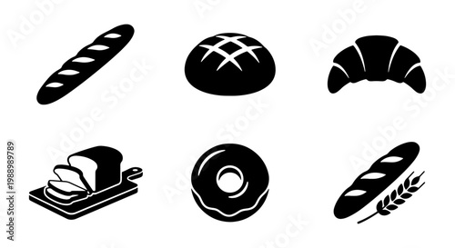 Bakery bread icons set, black pastry silhouettes, 6 vector food symbols for menu design