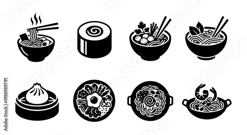 Japanese Food Icon Set, Black Ramen and Sushi Vector, 8 Asian Cuisine Symbols