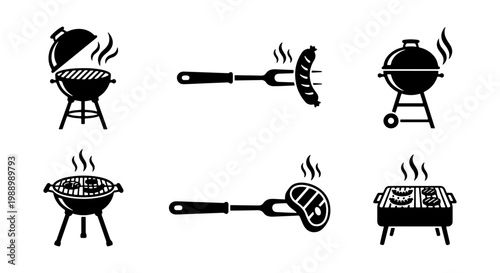 Barbecue grill icon set, black BBQ silhouettes, 6 vector elements for summer cookout