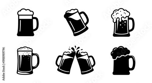 Minimalist beer mug icons, black and white brewery vector set, 6 foaming ale glass signs