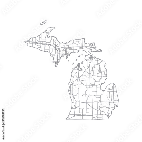 Michigan Map Outline with County Lines and Roads - White Background