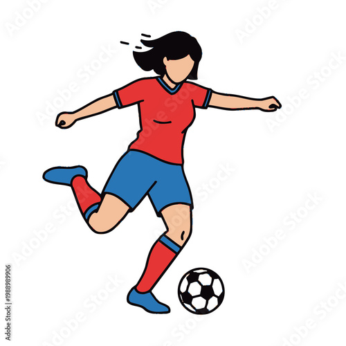 Woman soccer player kicking ball, action, sport, illustration