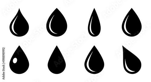 Black water drop icons, 8 liquid droplet silhouettes, oil and rain vector set