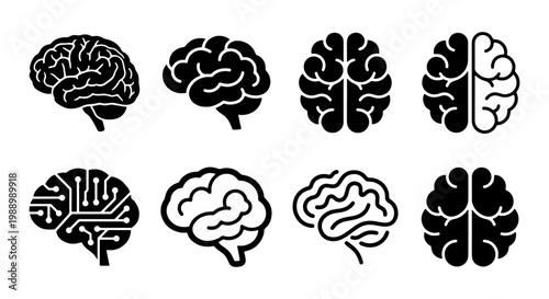 Human brain icon set, 8 black cerebral vector symbols, medical neurology illustrations