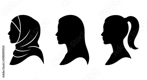 Woman profile silhouette set, female head icons with hijab and ponytail, vector avatars