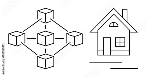 Decentralized networks, home automation, smart contracts, blockchain housing, digital innovation, real estate technology. Linked blocks connected to a house. Blockchain networks and home automation