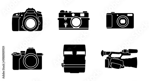 Black camera icons set, 6 photography equipment vectors, digital and film camera silhouettes