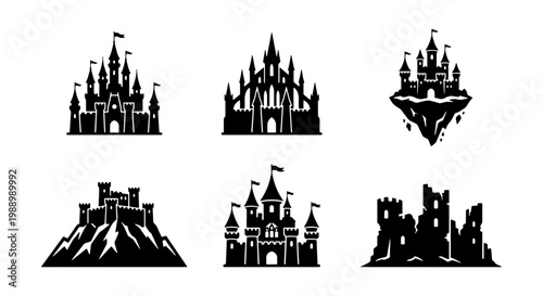 Medieval castle silhouette icons, 6 fantasy fortress vector set, royal palace logos