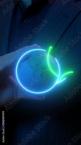 Ecological, ESG, renewable green energy and save the world sustainable. Sharing, reusing and environmental care. Businessman showing earth global with world environment day icon.