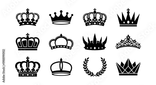 Royal crown silhouettes set, 12 heraldic icons, king and queen headwear vector