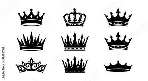 Vintage royal crown silhouettes, 9 heraldic king icons, black imperial tiara vector set