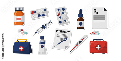 Medical supplies assortment pharmaceutical healthcare illustration