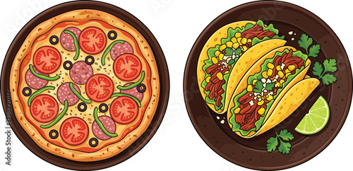Pizza and Tacos Icon Set with Detailed Ingredients for Fast Food, Mexican Cuisine, and Digital Media Designs