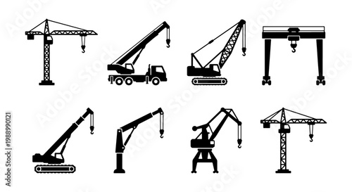 Industrial crane icons set, heavy lifting machinery vectors, construction equipment