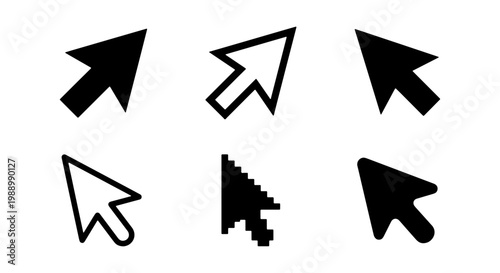 Computer mouse cursor icons, black arrow pointer set, digital pixel clicker vectors