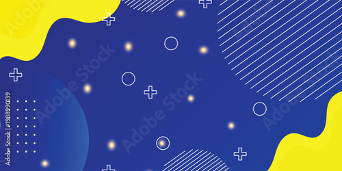 Abstract blue and yellow geometric background with fluid wavy shapes and glowing light particles.Vector