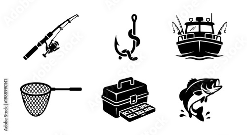 Fishing icons set, black angling equipment vector, 6 sport fishing gear illustrations