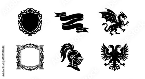 Medieval heraldry vector set, 6 heraldic icons, knight helmet and dragon silhouettes