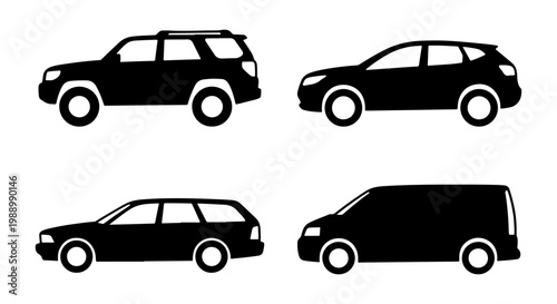 Black car silhouettes set, 4 vehicle icons, SUV and van transport vector graphics