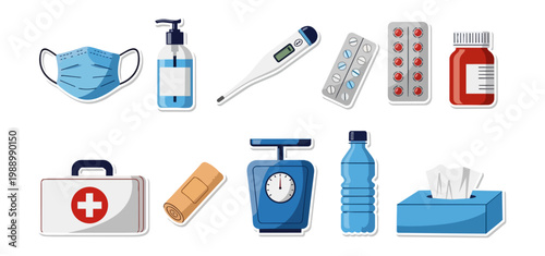 Medical supplies and equipment illustration isolated on black